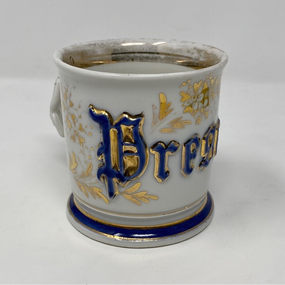 Antique Gilt Embossed "Present" Shaving Mug Occupational Angel Cherub Handle VTG - Picture 2 of 12